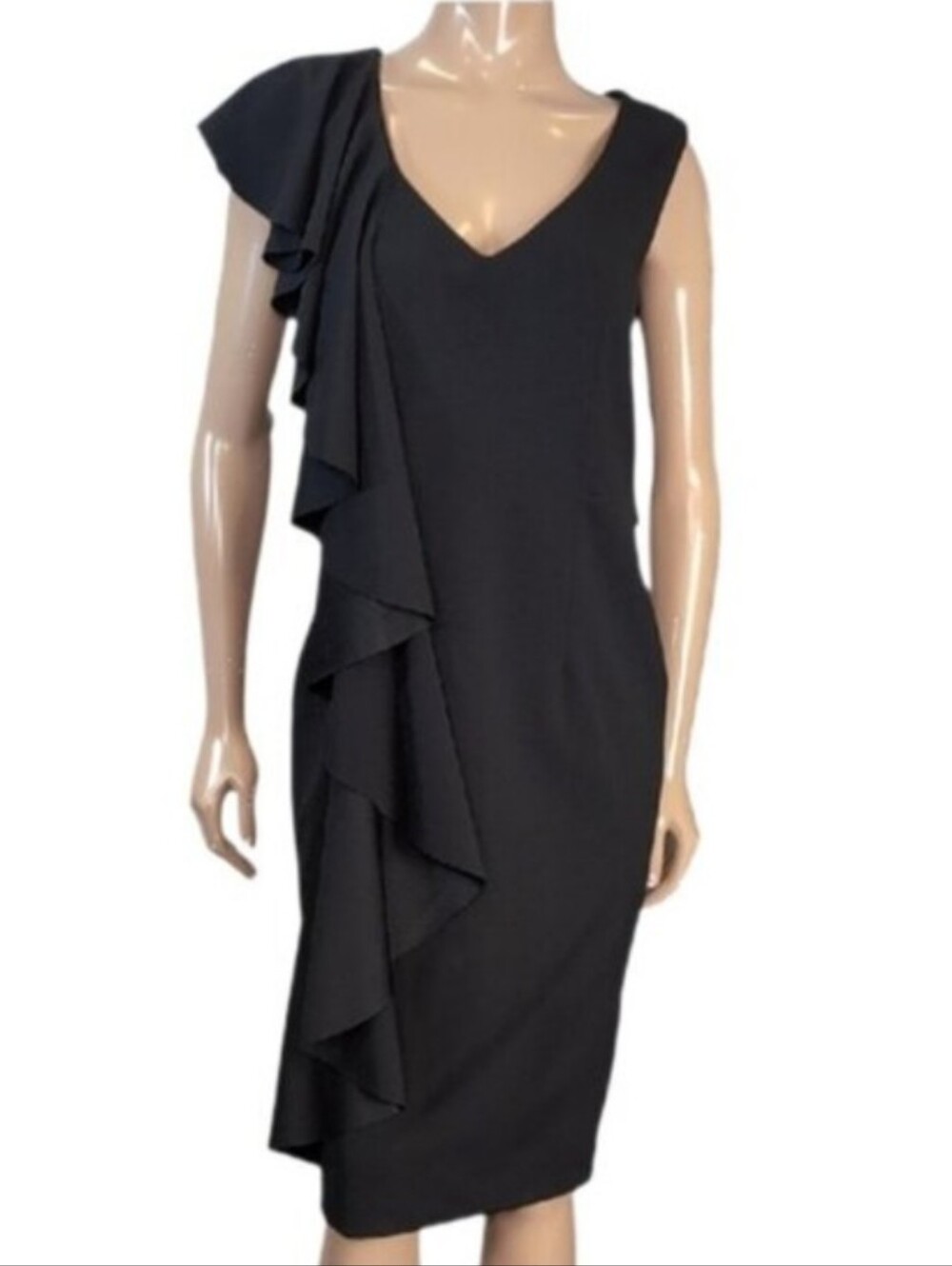 Bailey Ruffle V-Neck Sheath Dress Draped Asymmetric Black Womens Size Medium